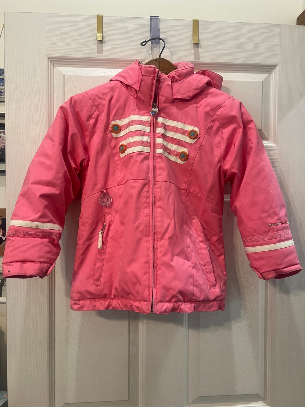Obermeyer Pink Hooded Girls' Ski Jacket with White Trim